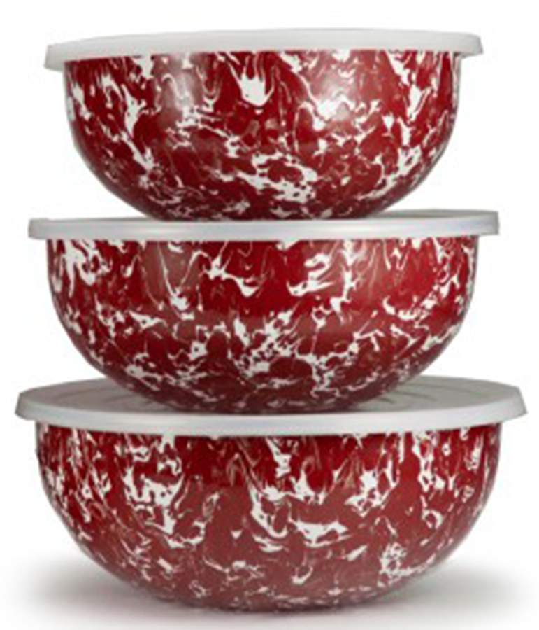Red Swirl Enamelware Mixing Bowl Set (MB10, MB9, MB8) by Golden Rabbit Enamelware-1