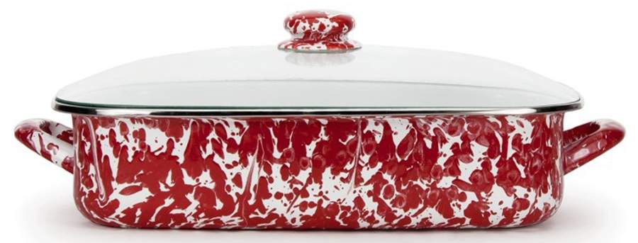 Red Swirl Enamelware 16" Lasagna & Lid by Golden Rabbit Enamelware-1