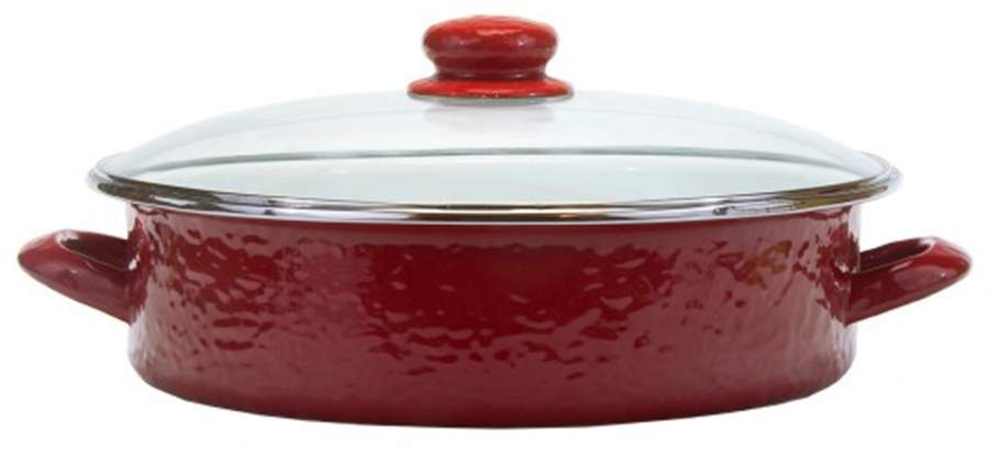 Red on Red Enamelware 13" Saute' Pan & Lid by Golden Rabbit Enamelware-1