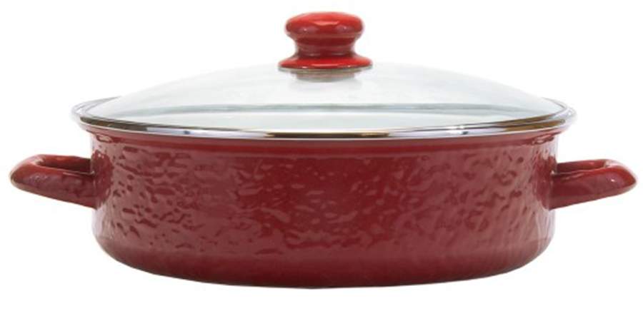Red on Red Enamelware 10" Saute' Pan & Lid by Golden Rabbit Enamelware-1