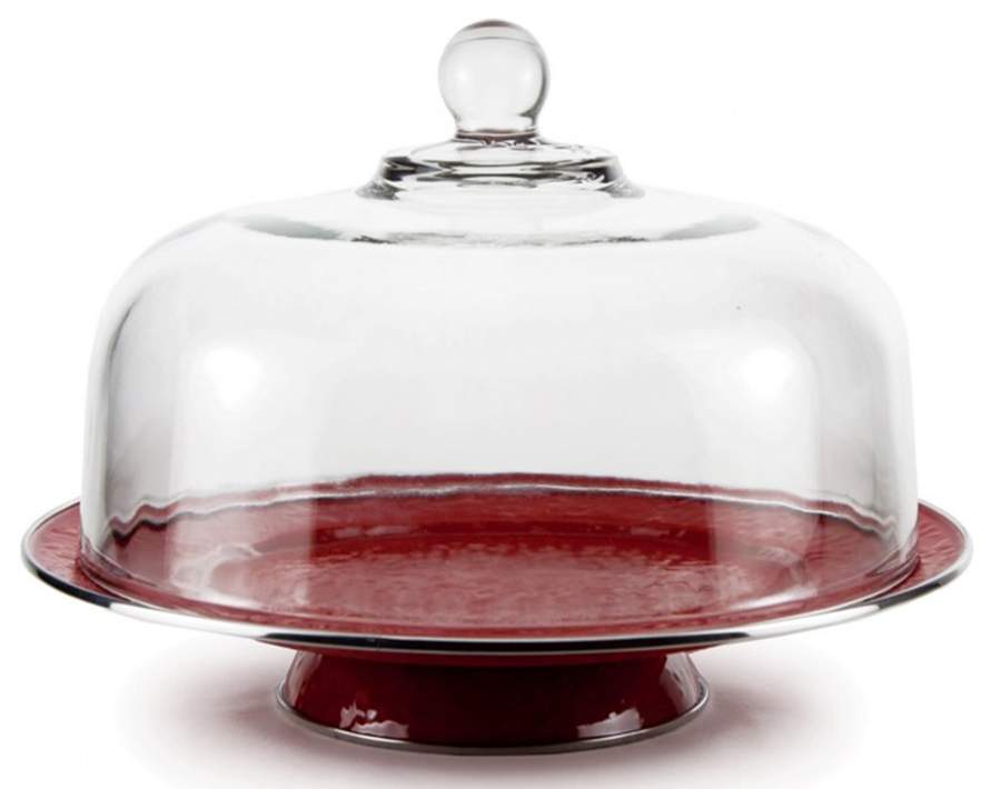Red on Red Enamelware 12" Diameter Pedestal Cake Stand & Glass Dome by Golden Rabbit Enamelware-1