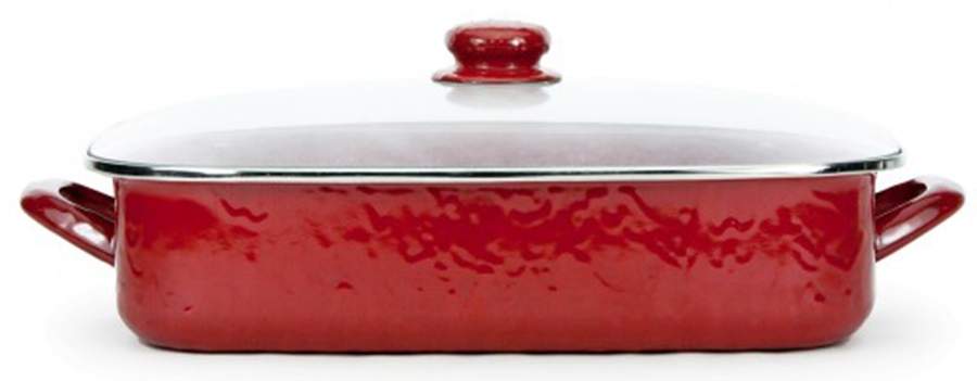 Red on Red Enamelware 16" Lasagna & Lid by Golden Rabbit Enamelware-1