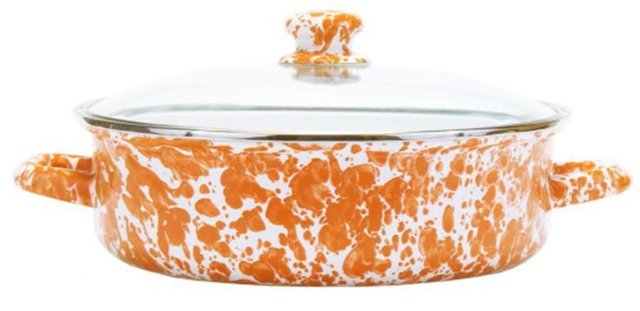 Orange Swirl Enamelware 10" Saute' Pan & Lid by Golden Rabbit Enamelware-1
