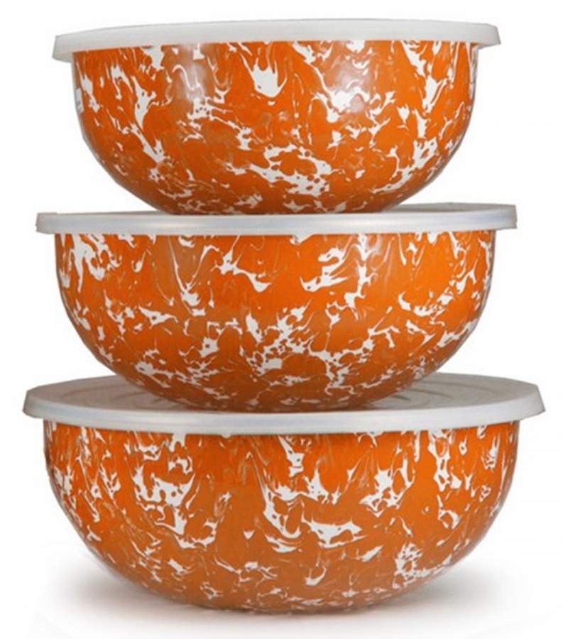 Orange Swirl Enamelware Mixing Bowl Set (MB10, MB9, MB8) by Golden Rabbit Enamelware-1