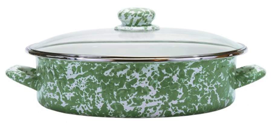 Green Swirl Enamelware 13" Saute' Pan & Lid by Golden Rabbit Enamelware-1