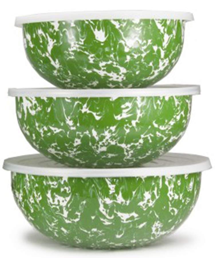 Green Swirl Enamelware Mixing Bowl Set (MB10, MB9, MB8) by Golden Rabbit Enamelware-1
