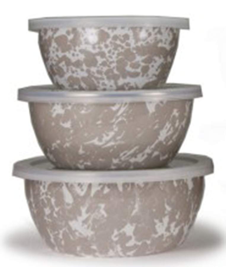 Taupe Swirl Enamelware (3 Piece) Nesting Bowl Set (5", 6", 7") by Golden Rabbit Enamelware-1