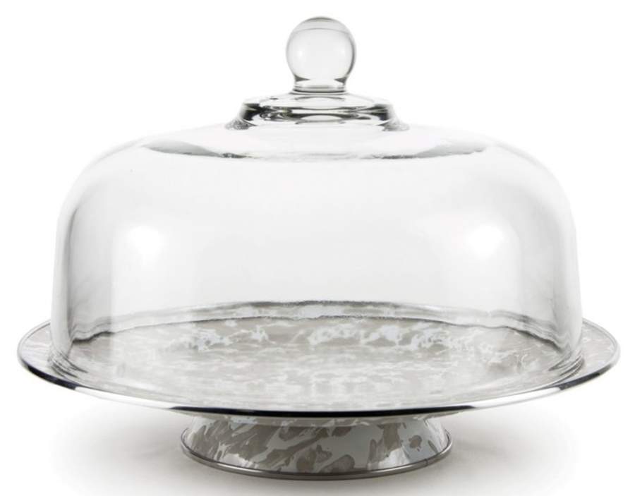 Taupe Swirl Enamelware 12" Diameter Pedestal Cake Stand & Glass Dome by Golden Rabbit Enamelware-1