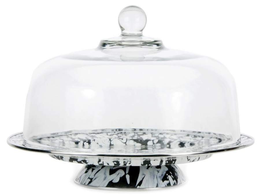 Black Swirl Enamelware 12" Diameter Pedestal Cake Stand & Glass Dome by Golden Rabbit Enamelware-1
