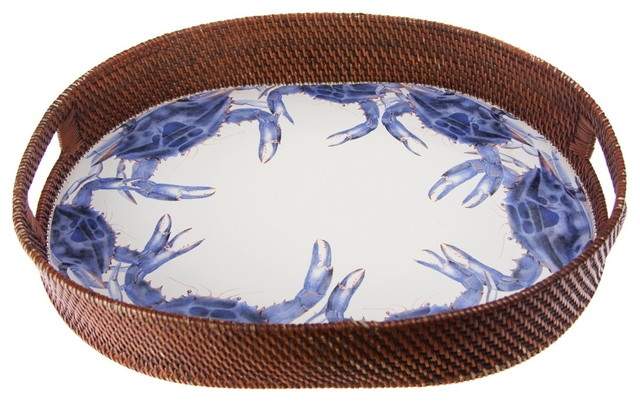 Blue Crab Enamelware 18" Oval Rattan Serving Tray by Golden Rabbit Enamelware-1