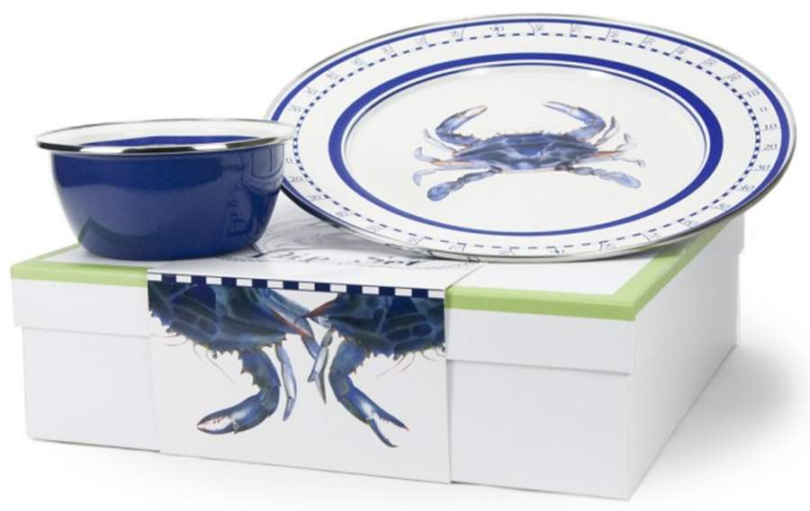 Blue Crab Enamelware (2 Piece) Chip & Dip Set(Charger & Salad Bowl) by Golden Rabbit Enamelware-1