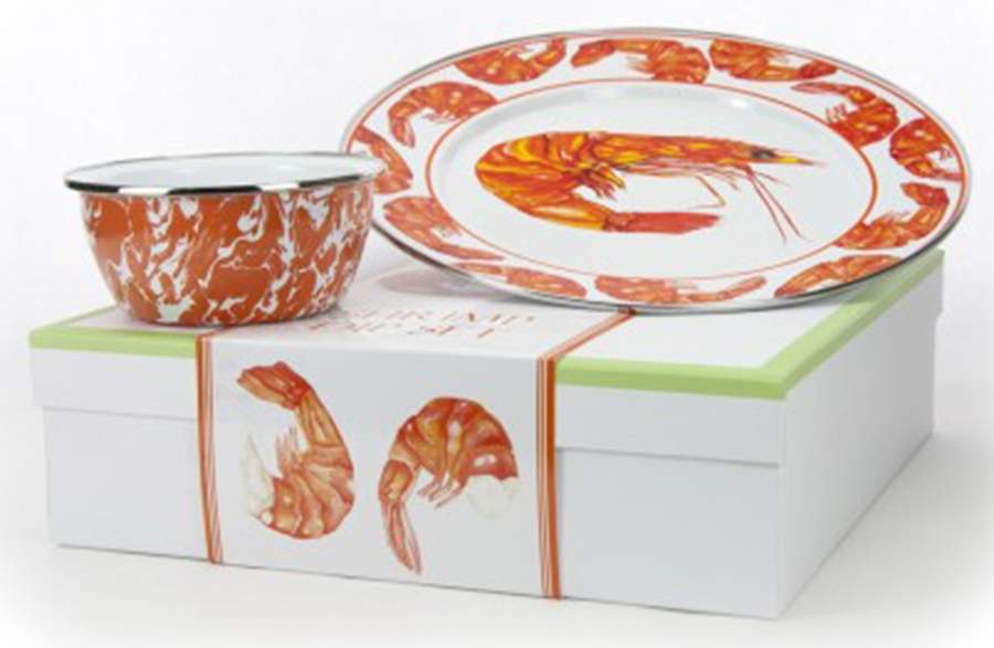 Shrimp Enamelware (2 Piece) Chip & Dip Set(Charger & Salad Bowl) by Golden Rabbit Enamelware-1