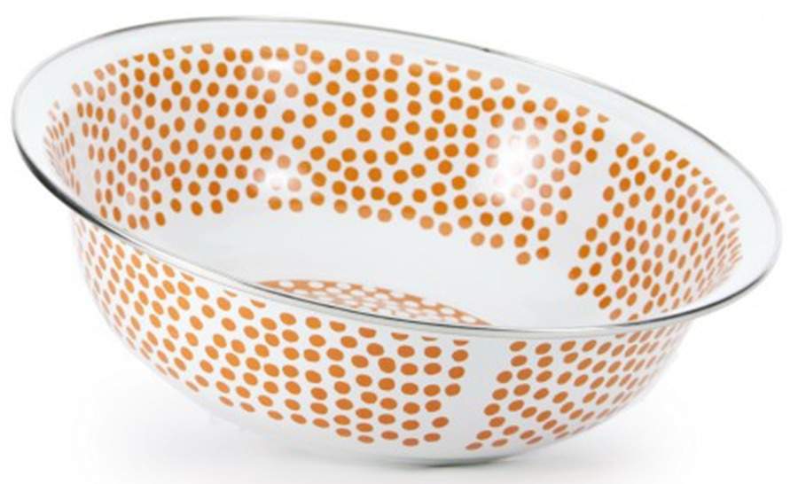 Malibu Dots Orange Enamelware 13" Round Serving Bowl by Golden Rabbit Enamelware-1