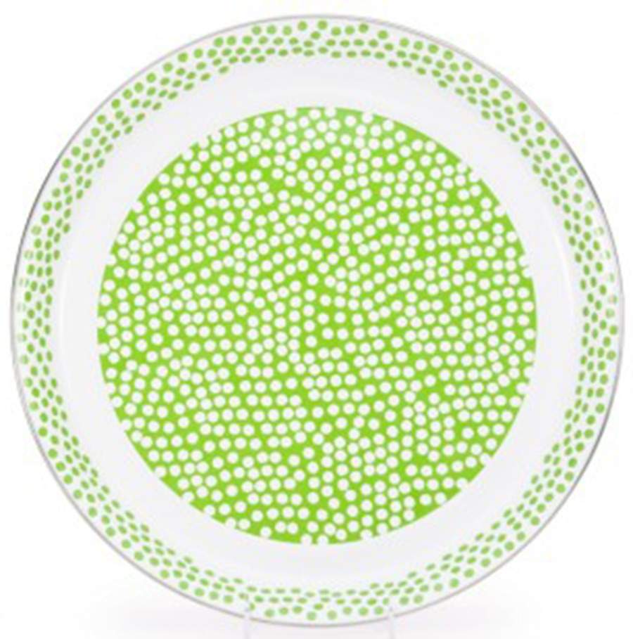 Malibu Dots Green Enamelware 15" Round Tray by Golden Rabbit Enamelware-1