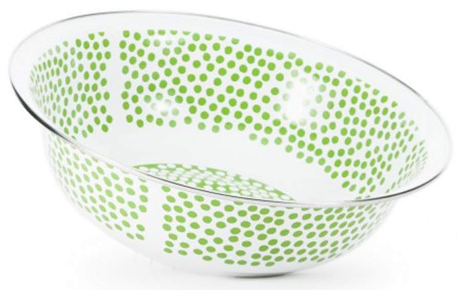 Malibu Dots Green Enamelware 13" Round Serving Bowl by Golden Rabbit Enamelware-1
