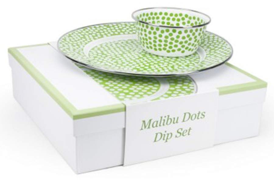 Malibu Dots Green Enamelware (2 Piece) Chip & Dip Set(Charger & Salad Bowl) by Golden Rabbit Enamelware-1