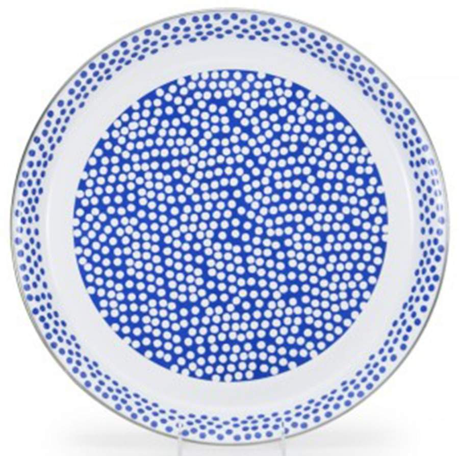 Malibu Dots Blue Enamelware 15" Round Tray by Golden Rabbit Enamelware-1