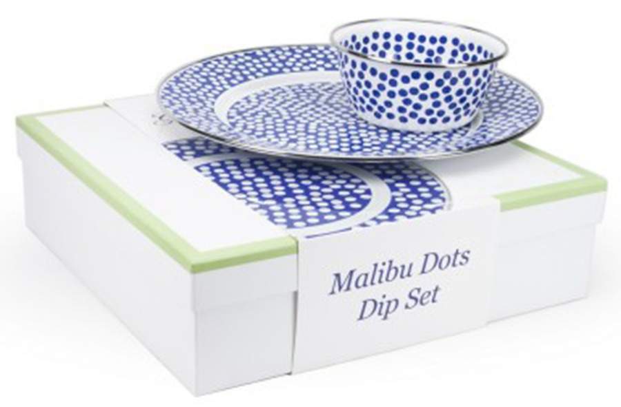 Malibu Dots Blue Enamelware (2 Piece) Chip & Dip Set(Charger & Salad Bowl) by Golden Rabbit Enamelware-1