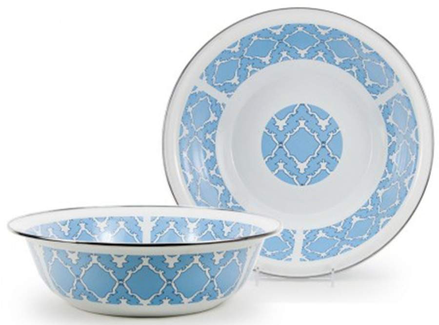 Charleston Blue Enamelware 13" Round Serving Bowl by Golden Rabbit Enamelware-1