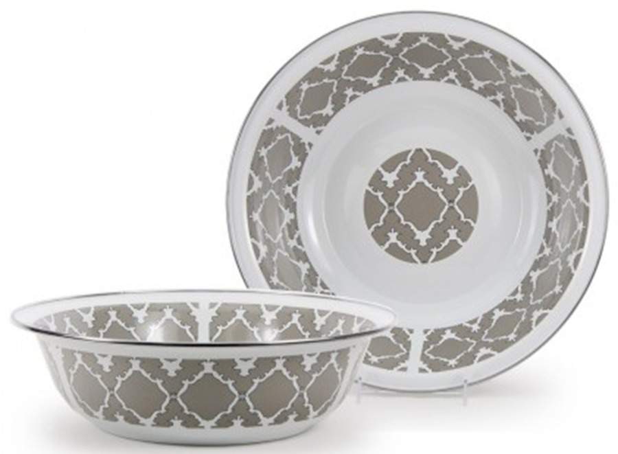 Charleston Taupe Enamelware 13" Round Serving Bowl by Golden Rabbit Enamelware-1