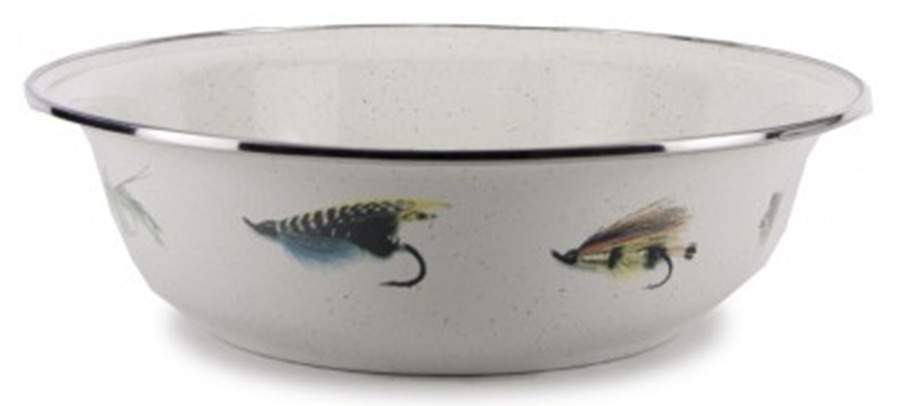 Fishing Fly Enamelware 13" Round Serving Bowl by Golden Rabbit Enamelware-1