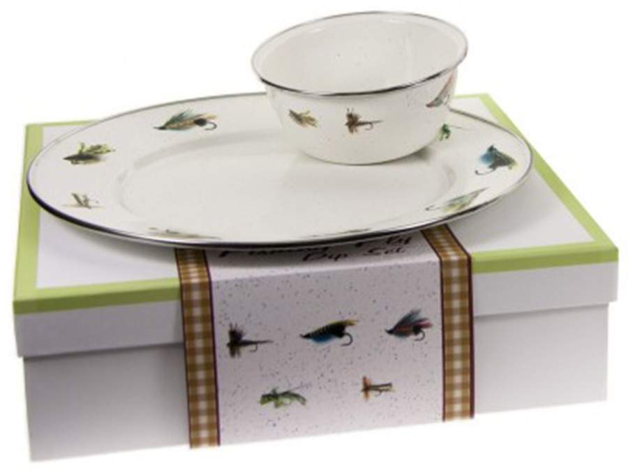 Fishing Fly Enamelware (2 Piece) Chip & Dip Set(Charger & Salad Bowl) by Golden Rabbit Enamelware-1