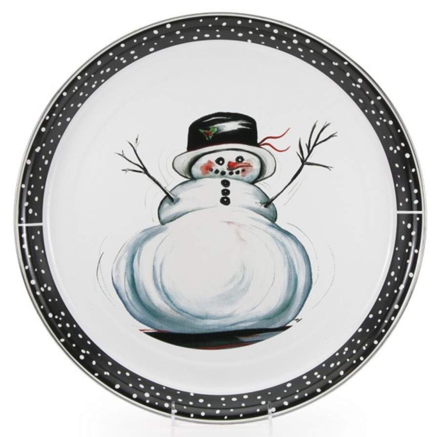 Snowman Enamelware 15" Round Tray by Golden Rabbit Enamelware-1