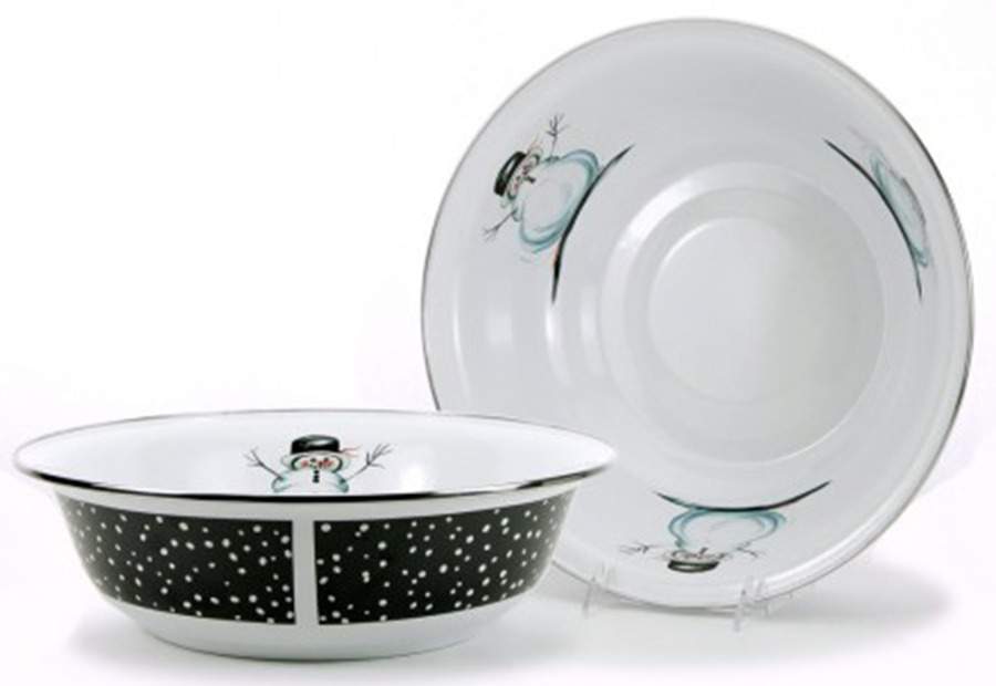 Snowman Enamelware 13" Round Serving Bowl by Golden Rabbit Enamelware-1