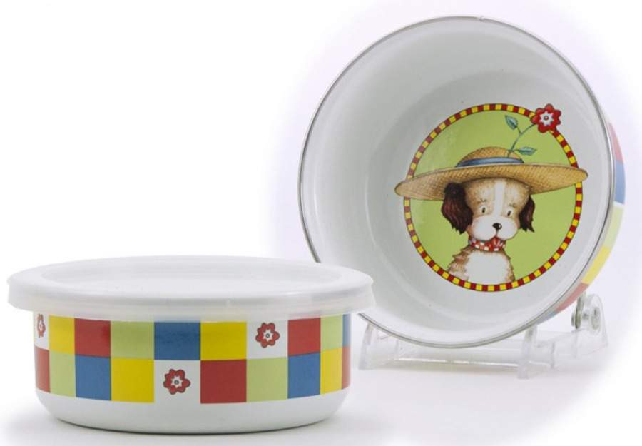 Puppy Enamelware Childs Bowl & Plastic Lid by Golden Rabbit Enamelware-1