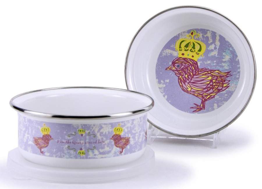 Chirp Girl Enamelware Childs Bowl & Plastic Lid by Golden Rabbit Enamelware-1