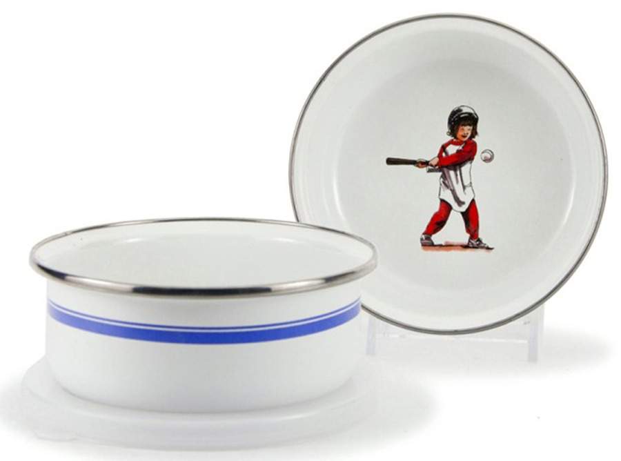 Baseball Boys Enamelware Childs Bowl & Plastic Lid by Golden Rabbit Enamelware-1