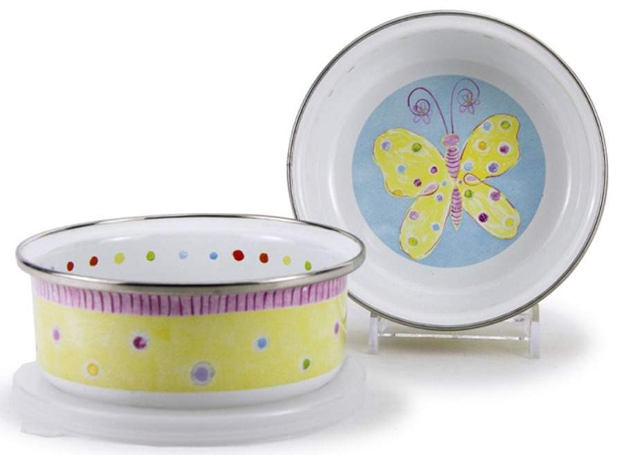 Fluttering Enamelware Childs Bowl & Plastic Lid by Golden Rabbit Enamelware-1