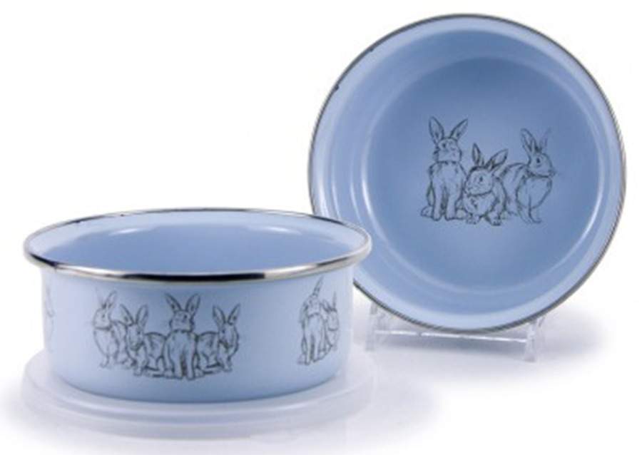 Blue Bunnies Enamelware Childs Bowl & Plastic Lid by Golden Rabbit Enamelware-1
