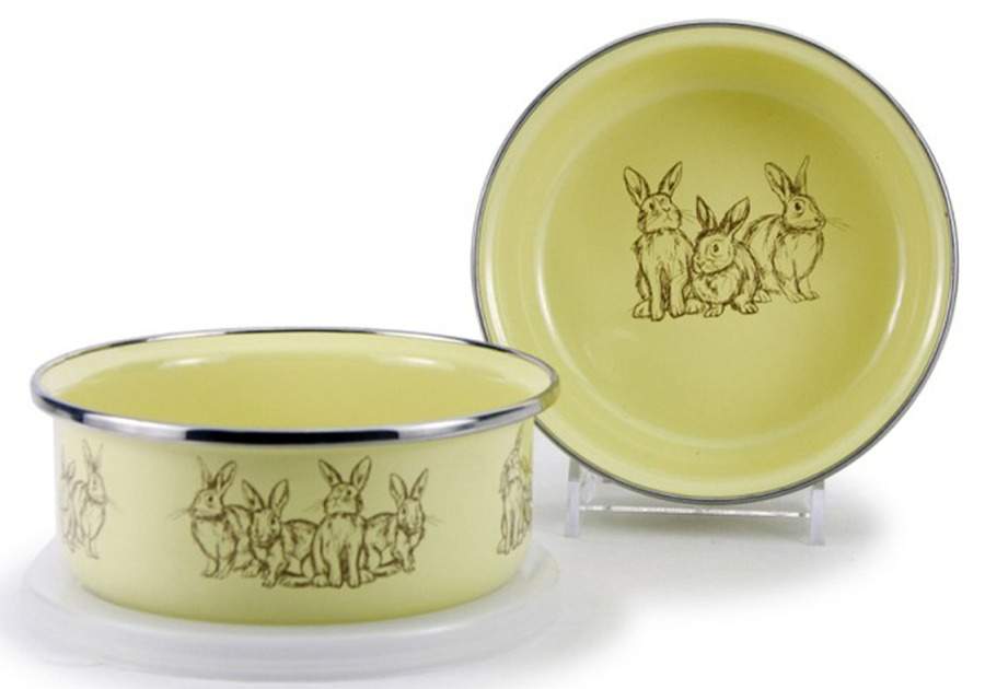 Yellow Bunnies Enamelware Childs Bowl & Plastic Lid by Golden Rabbit Enamelware-1