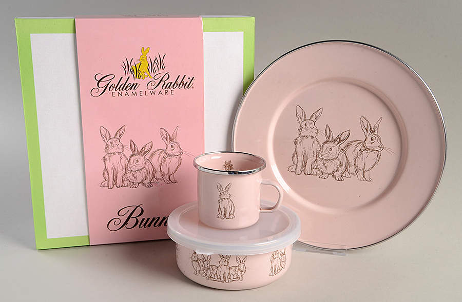 Pink Bunnies Enamelware (4 Piece Boxed) Child's Set by Golden Rabbit Enamelware-1