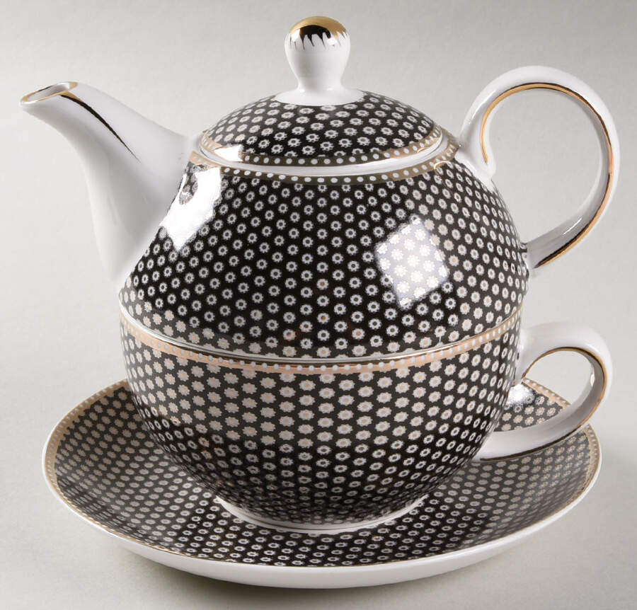 Black Gold Dots Tea for One (Stacking Teapot w/Cup & Saucer) by Grace's Teaware-1