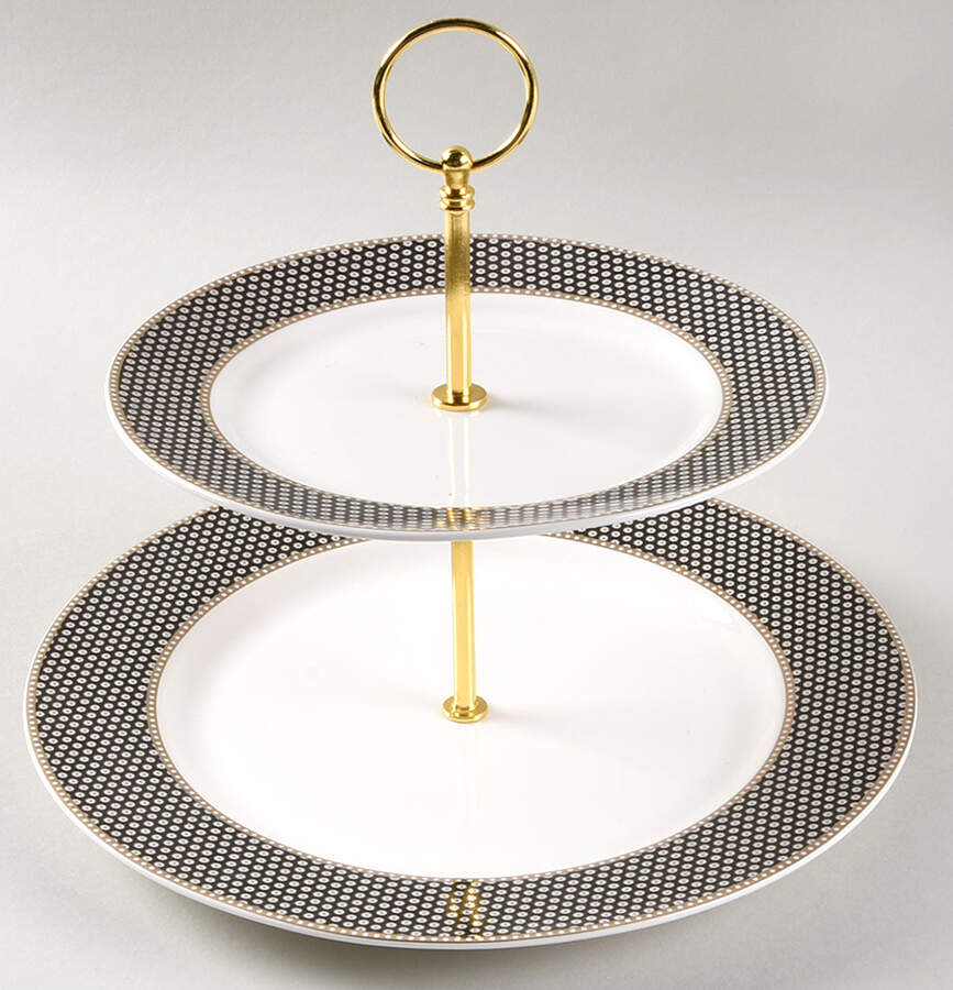 Black Gold Dots 2 Tiered Serving Tray (Dinner & Salad Plate) by Grace's Teaware-1