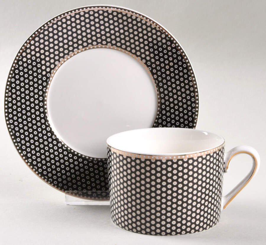 Black Gold Dots Flat Cup & Saucer Set by Grace's Teaware-1