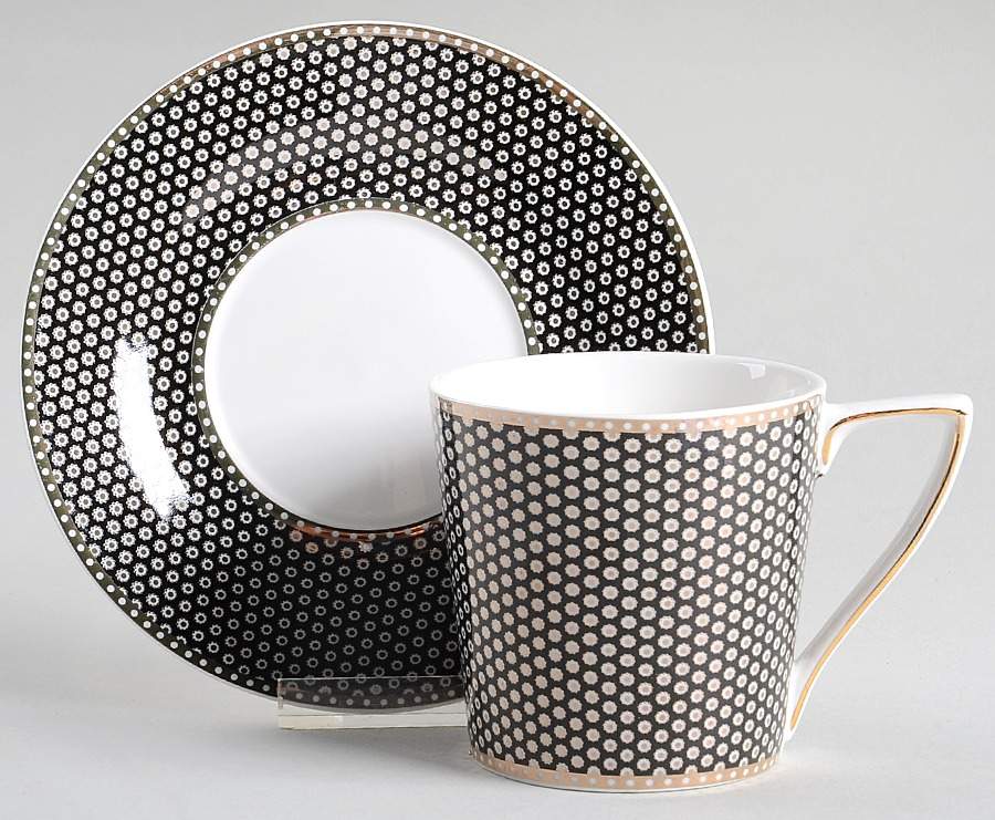 Black Gold Dots Flat Cup & Saucer Set by Grace's Teaware-1
