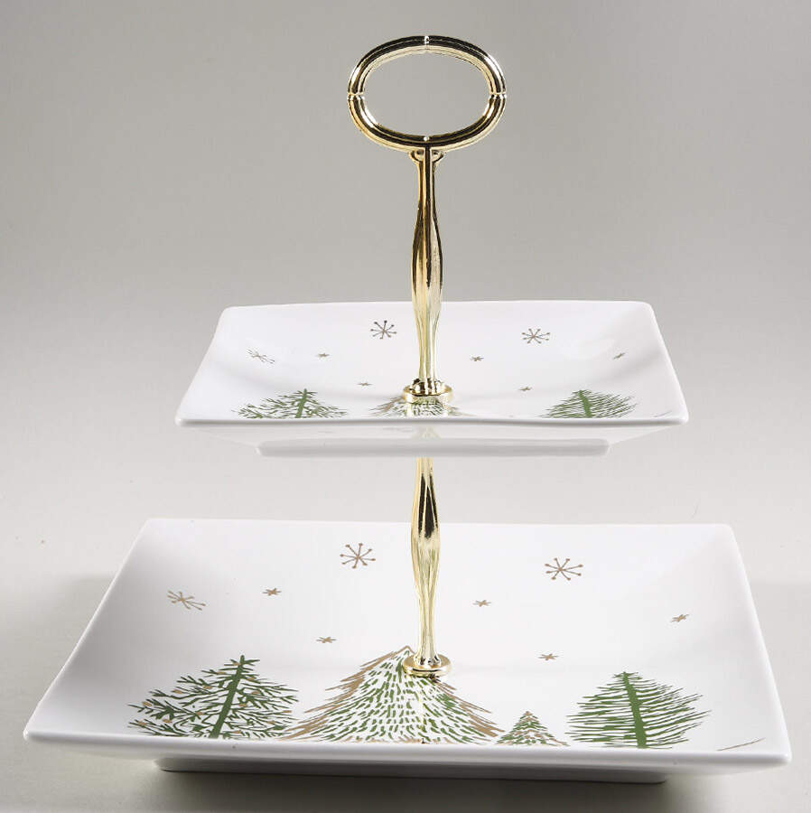 Green Gold Trees 6 5/8"-10"  2 Tiered Serving Tray (Dp, Sp) HC by Grace's Teaware-1