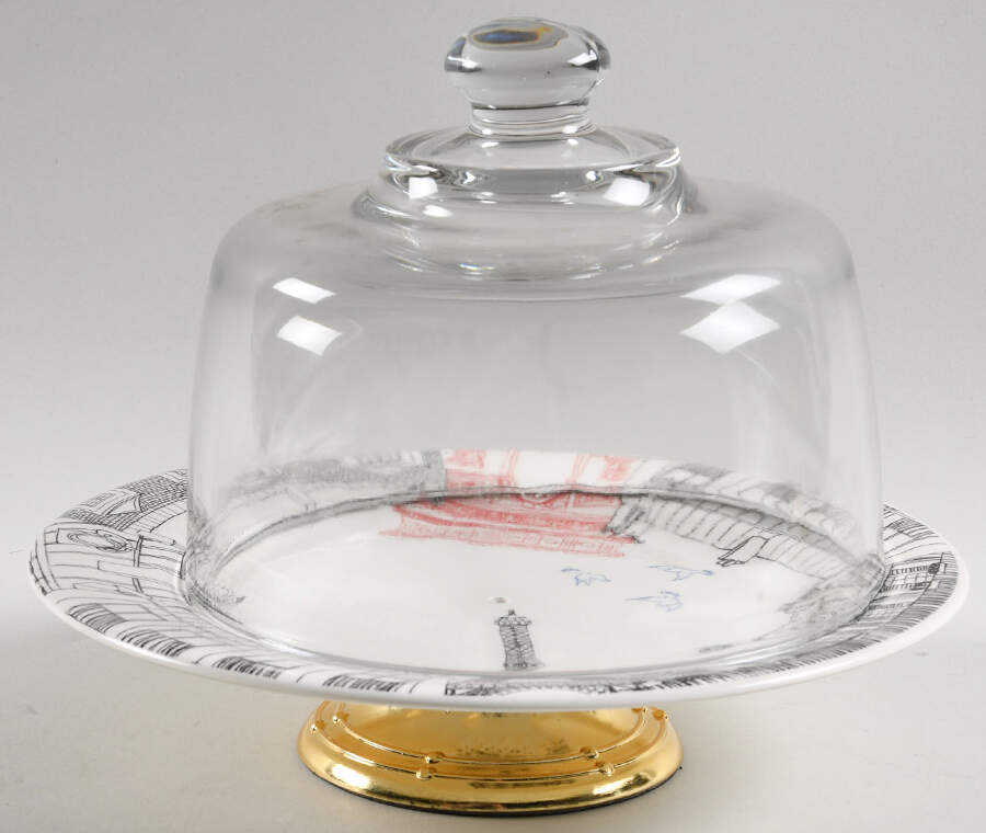 Ca C'est Paris 6 1/2"-7 1/2" Footed Cheese Plate w/ Glass Dome HC by Faiencerie De Gien-1