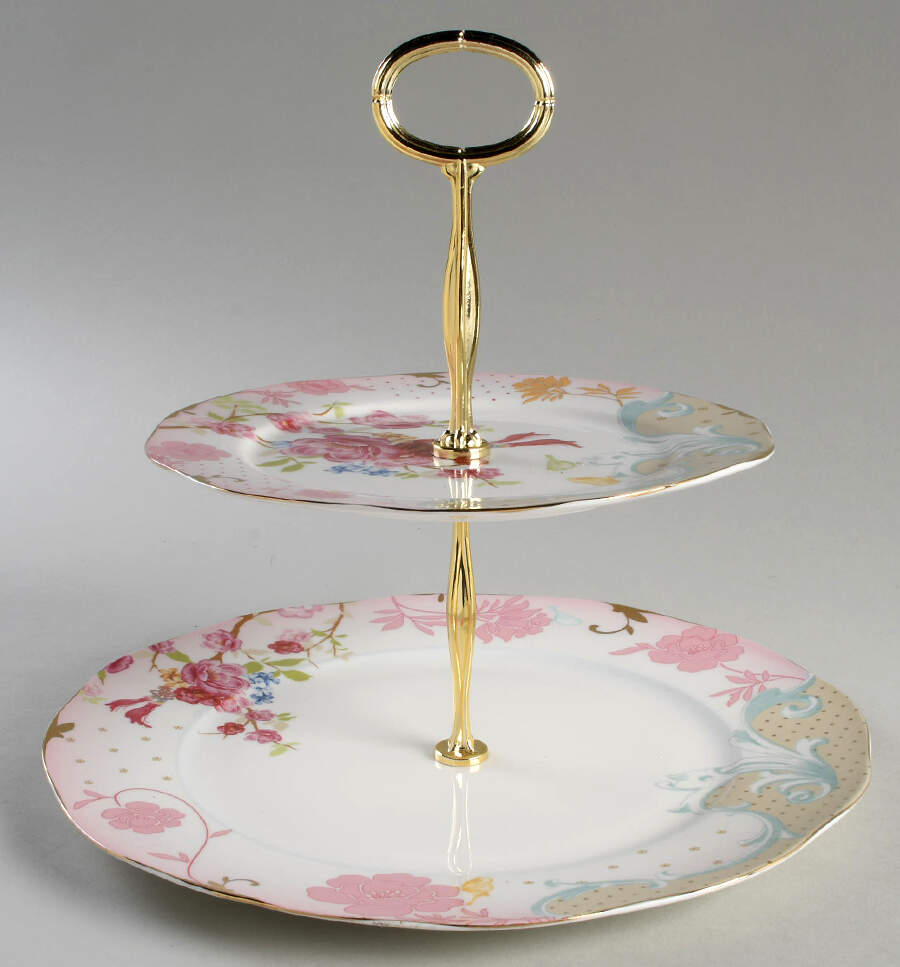 Pink Rose Dots 6 5/8"-10"  2 Tiered Serving Tray (Dp, Sp) HC by Grace's Teaware-1