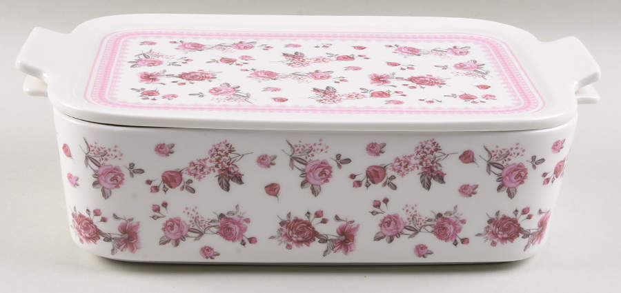 Pink Rose (Pink Band) Rectangular Baker & Lid by Grace's Teaware-1