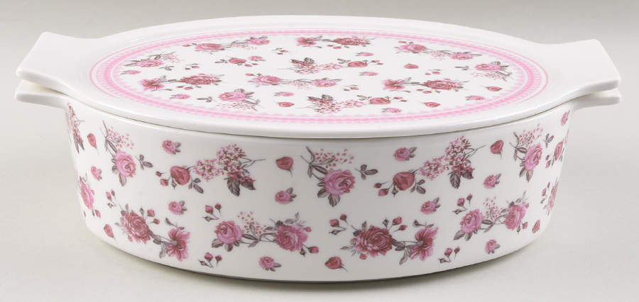 Pink Rose (Pink Band) Oval Baker with Lid by Grace's Teaware-1