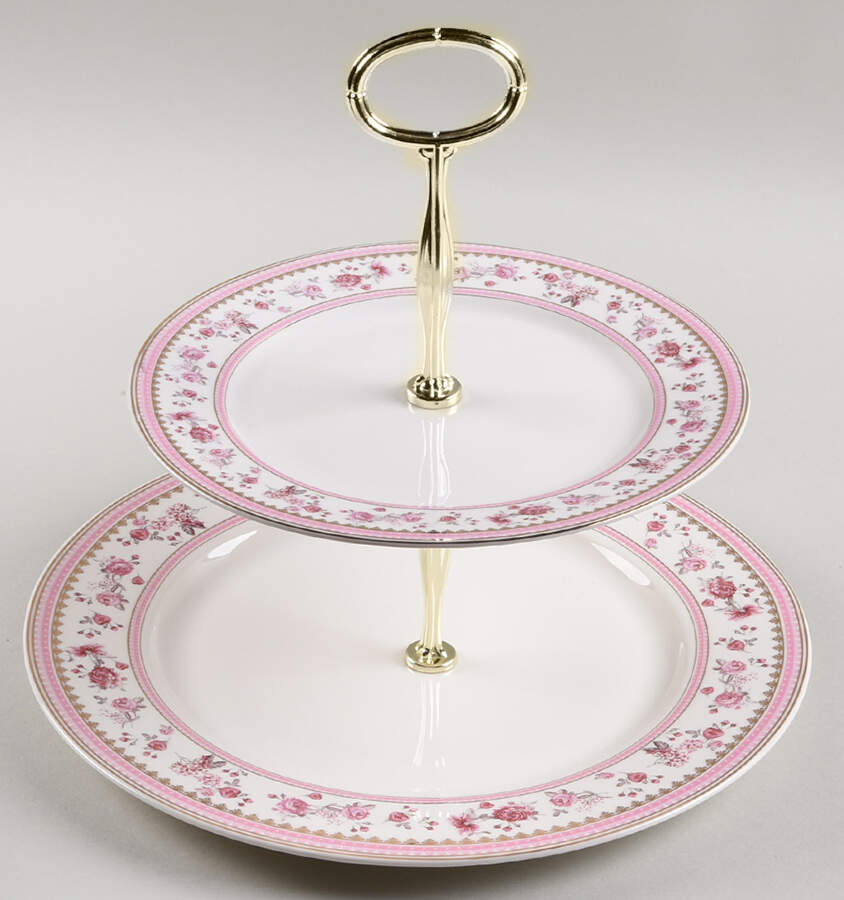 Pink Rose (Pink Band) 6 5/8"-10"  2 Tiered Serving Tray (Dp, Sp) HC by Grace's Teaware-1