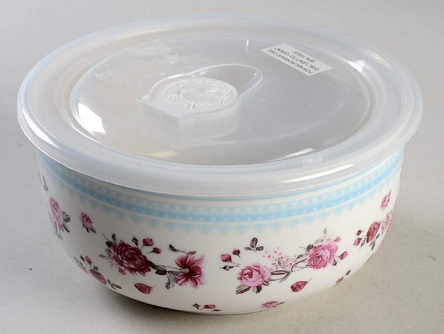 Pink Rose (Blue Band) 6" Storage Bowl Ceramic with Plastic Lid by Grace's Teaware-1