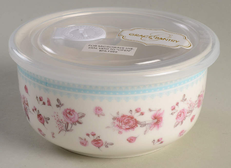 Pink Rose (Blue Band) 5" Storage Bowl & Plastic Lid by Grace's Teaware-1