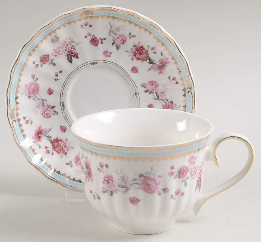 Pink Rose (Blue Band) Latte Cup & Saucer Set by Grace's Teaware-1