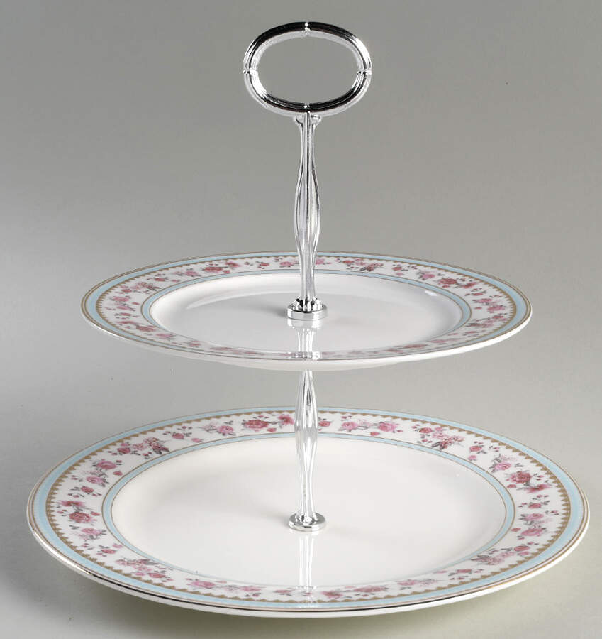 Pink Rose (Blue Band) 6 5/8"-10"  2 Tiered Serving Tray (Dp, Sp) HC by Grace's Teaware-1