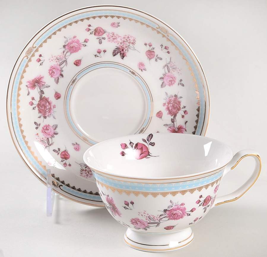 Pink Rose (Blue Band) Footed Cup & Saucer Set by Grace's Teaware-1